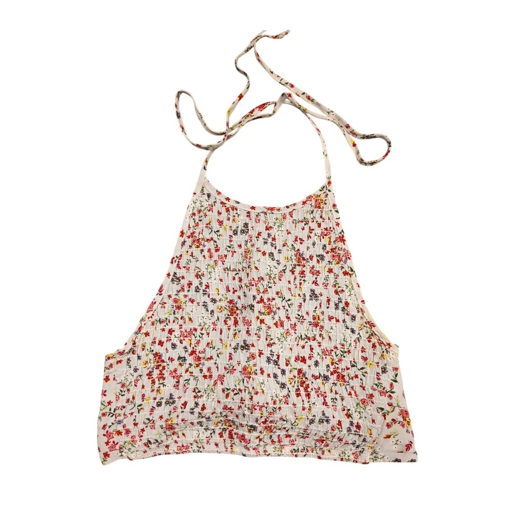 Out From Under Halter Top Women Large White Floral Smocked Cropped Boho Tie Back